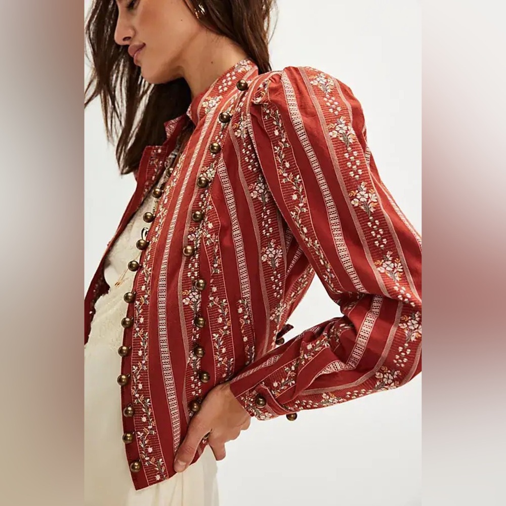 New Free People Sorel Brown Button Cottage Boho Band Jacket Coat sz S
